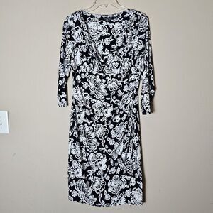 Lauren Ralph Lauren Size 10 Black‎ & White Floral Long Sleeve Midi Wrap Dress